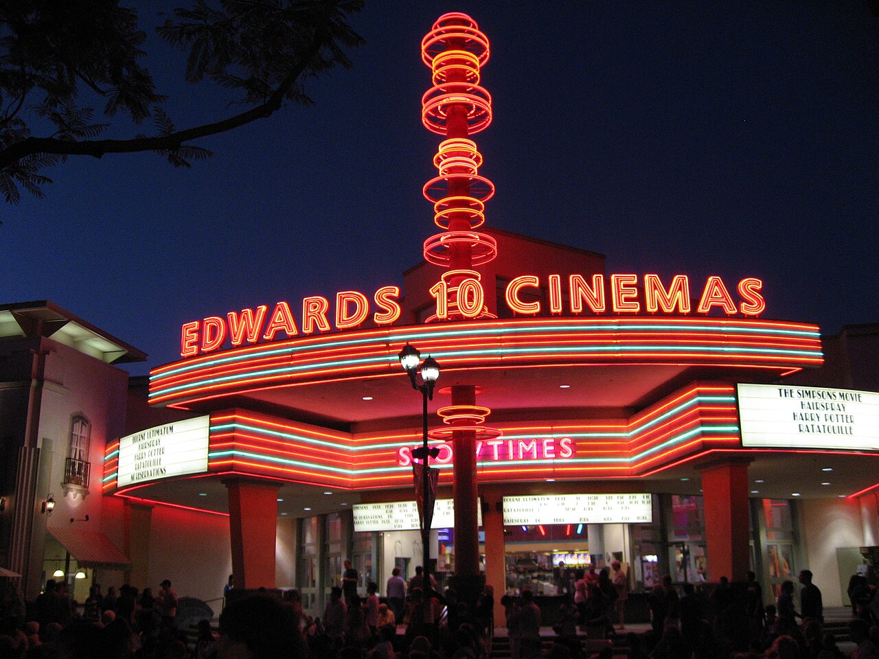 Edwards Cinema in downtown Brea at night.
